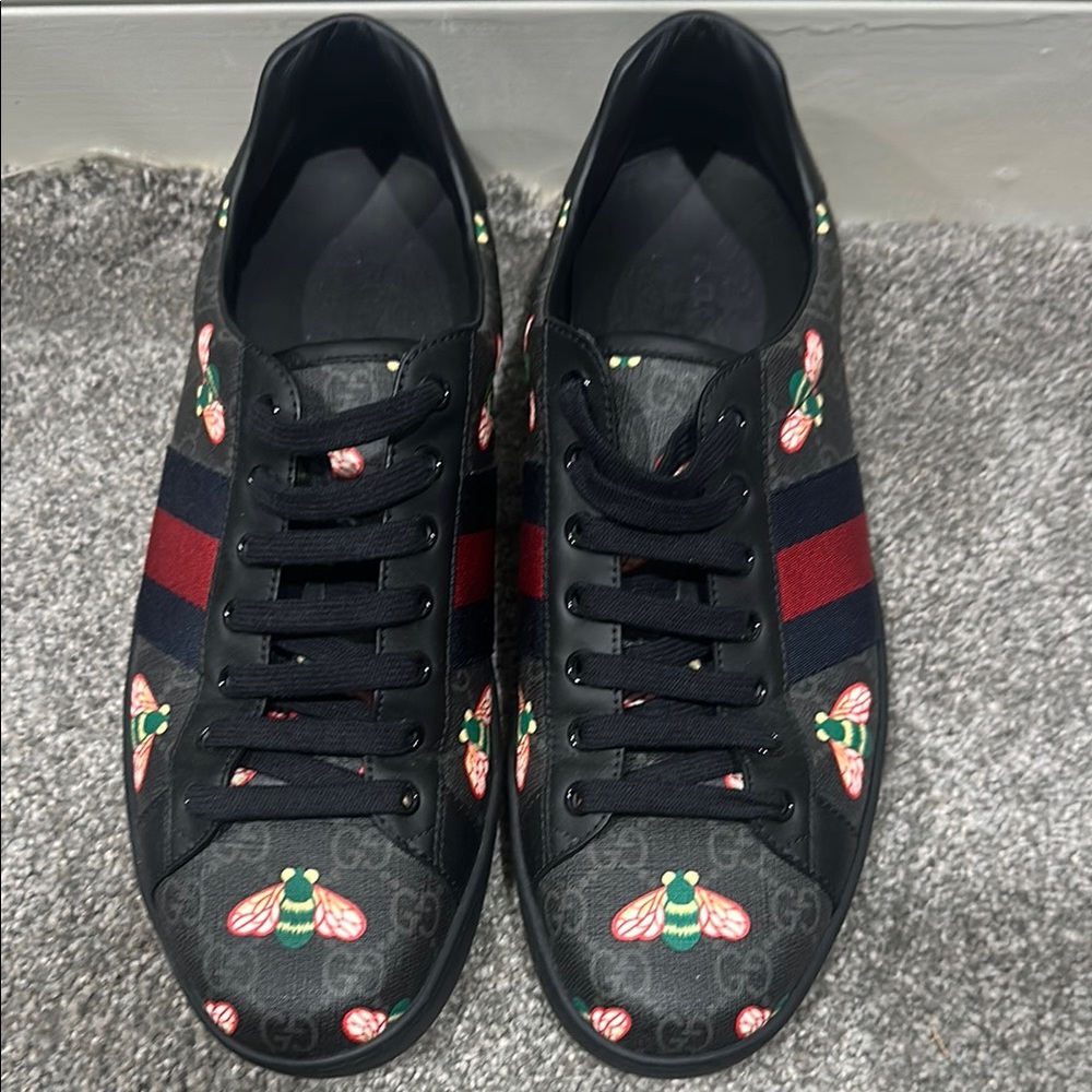 Gucci Black Sneakers with Red and Green Bee Motif